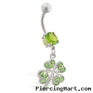 Belly ring with dangling jeweled four leaf clover