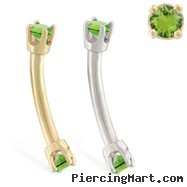 14K Gold internally threaded curved barbell with peridot gems