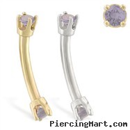 14K Gold internally threaded curved barbell with alexandrite gems