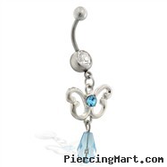 Belly ring with dangling aqua jeweled butterfly and stone