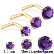 14K Gold L-shaped nose pin with Round Amethyst