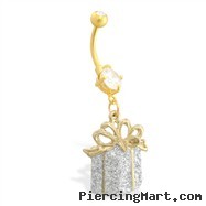 Gold Tone Belly Button Ring With Dangling Glittery Present