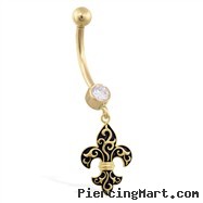 14K Yellow Gold jeweled belly ring with dangling Fleur-de-Lis Charm