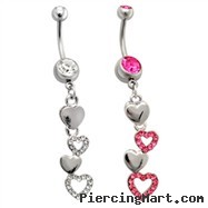 Belly Ring with Cascading Paved and Solid Hearts