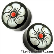 Pair Organic Buffalo Horn Saddle Fit Plugs with Red Centered Abalone Flower Inlay