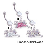 Belly ring with dangling jeweled jumping bunny