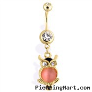 14Kt Gold Tone Owl Navel Ring With Cat