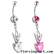 Dangling Steel Hollow Crown Belly Ring with Heart Gem
