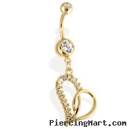14kt Gold Tone Navel Ring with Multi Paved Heart