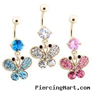 Gold Tone Belly Ring with Dangling Paved Gem Butterfly