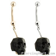 14K Gold Belly Ring with a dangle Chain and Black Skull