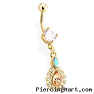 Gold Tone Belly Ring with Dangling Bordered Teardrop