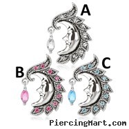 Crescent Moon Face with Gem Dangle Surgical Steel Reversed Navel Ring