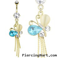 Multi Gems And Stones On Butterfly Dangle 14Kt Gold Toned Navel Ring