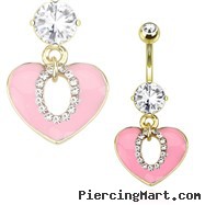 Pink Epoxy Filled Heart with Oval String Of Paved Gems Gold Toned Navel Ring