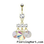 Three Small CZ with Attached Round Prisms Dangle Gold Tone Navel Ring