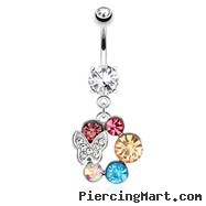Butterfly with Paved Gems On Multi Colored Gems Surgical Steel Dangle Navel Ring