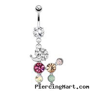 Poodle with Multi Colored Gems Dangle Surgical Steel Navel Ring