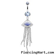 Triangle with Paved Gem And Light Blue Cats Eye with Cascading Links Surgical Steel Navel Ring