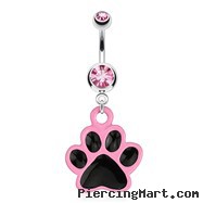 Paw with Black Enamel Plating And Pink Outline Dangle Surgical Steel Navel Ring