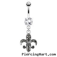 Fleur De Lis Paved with CZ Dangle Surgical Steel Navel Ring