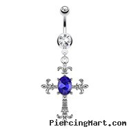 Fleur De Lis Cross with Centered Oval Blue Gem Dangle Surgical Steel Navel Ring