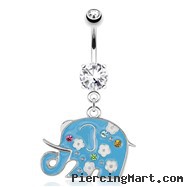 Decorative Elephant with Sky Blue Enamel Plating Dangle Surgical Steel Navel Ring