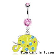 Decorative Elephant with Yellow Enamel Plating Dangle Surgical Steel Navel Ring