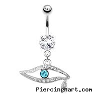 Emerald CZ Eye with Paved Gems And Gem Teardrop Surgical Steel Navel Ring