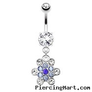 Snowflake with Paved Multiple Blue Gems Dangle Surgical Steel Navel Ring