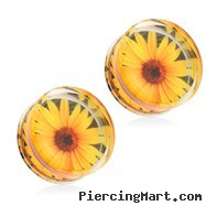 Pair Of Sunflower Print Encased Clear Acrylic Saddle Fit Plugs