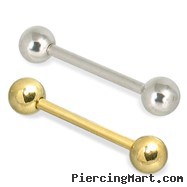 14K Gold Straight Barbell With 5 Mm Balls, 10 Ga