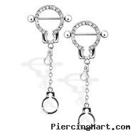 Pair Of Clear Gem Paved Nipple Rings with Dangling Handcuffs