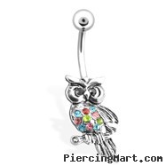 Owl with Multi Colored Gems Belly Ring, 14 Ga