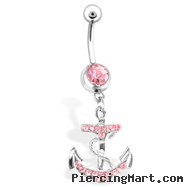 Jeweled Belly Ring with Simple Dangling Anchor, 14 Ga