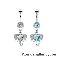 Navel Ring With Dangling Jeweled Heart Elephant