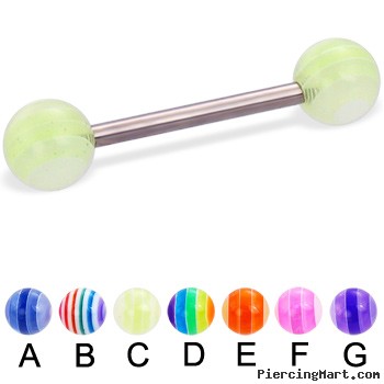 Titanium straight barbell with acrylic layered balls, 14 ga