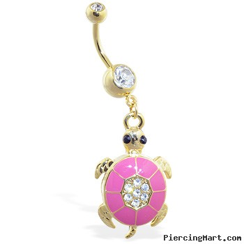 Gold Tone navel ring with dangling pink jeweled turtle
