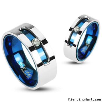 316L Stainless Steel Blue IP Double Layered Ring with A Rotating Gem Slot with CZ