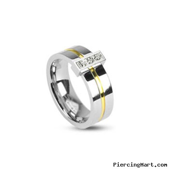 316L Stainless Steel 2 Tone Ring with Grooved gold Center with 3 clear CZs