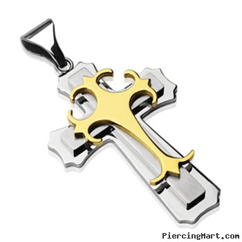 Stainless Steel Double Cross w/ Gold Gothic Top Cross Pendant