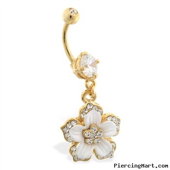 Gold Tone Belly Ring with Dangling Jeweled Flower