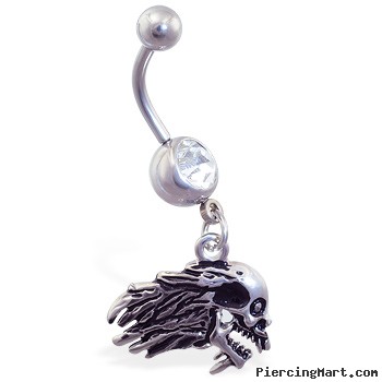 Belly Ring with Dangling Flaming Skull