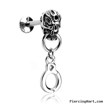 Labret Stud With Skull Head And Dangling Handcuff, 14 Ga