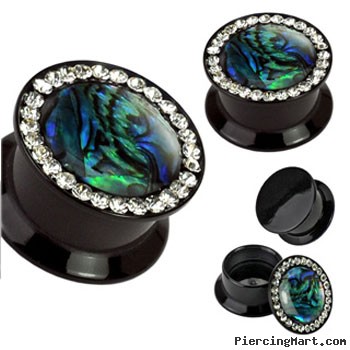Pair Of Black Acrylic Double Flared Jeweled Plugs with Abalone Inlay Center