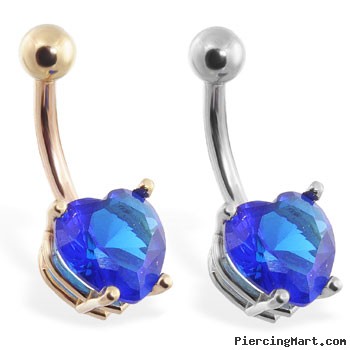 14K Gold belly ring with blue sapphire 8mm CZ heart