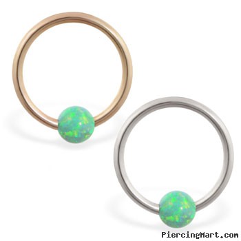 14K Gold captive bead ring with green opal ball