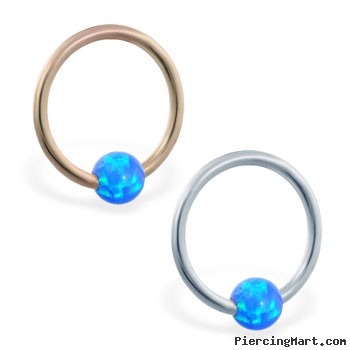 14K Gold captive bead ring with blue  opal ball