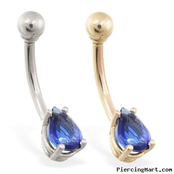 14K Gold belly ring with small blue sapphire teardrop CZ