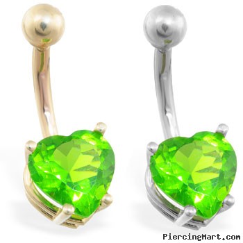 14K Gold belly ring with peridot 8mm CZ heart